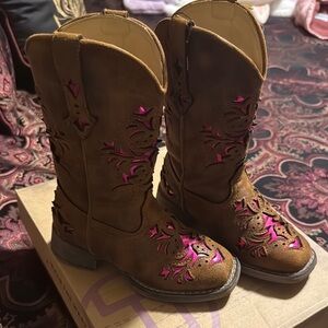 Brown Leather Cowboy Boots with Pink Accents